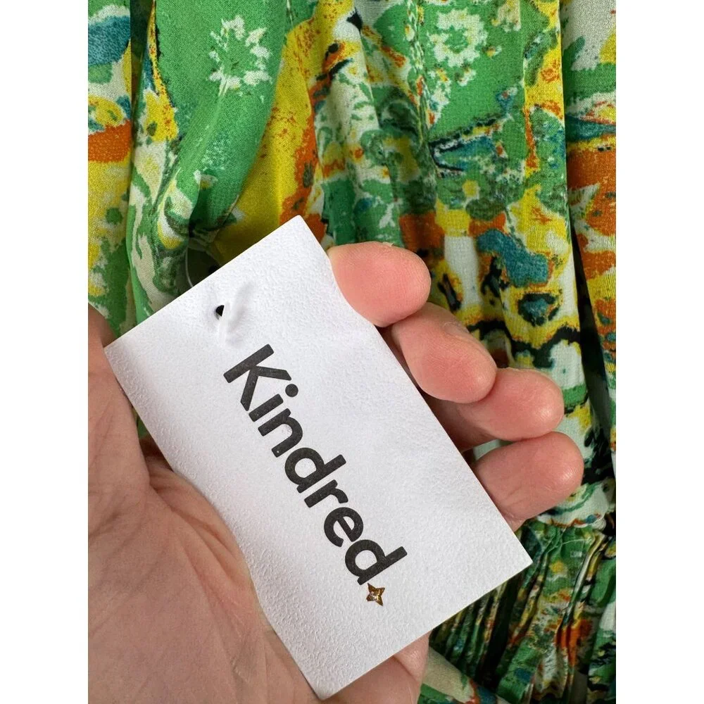 Kindred boho pleated artsy vibrant midi fit flare dress wrap sz L - Picture 3 of 7